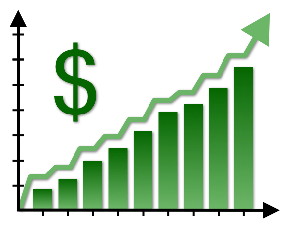 bar graph with dollar sign and arrow going up