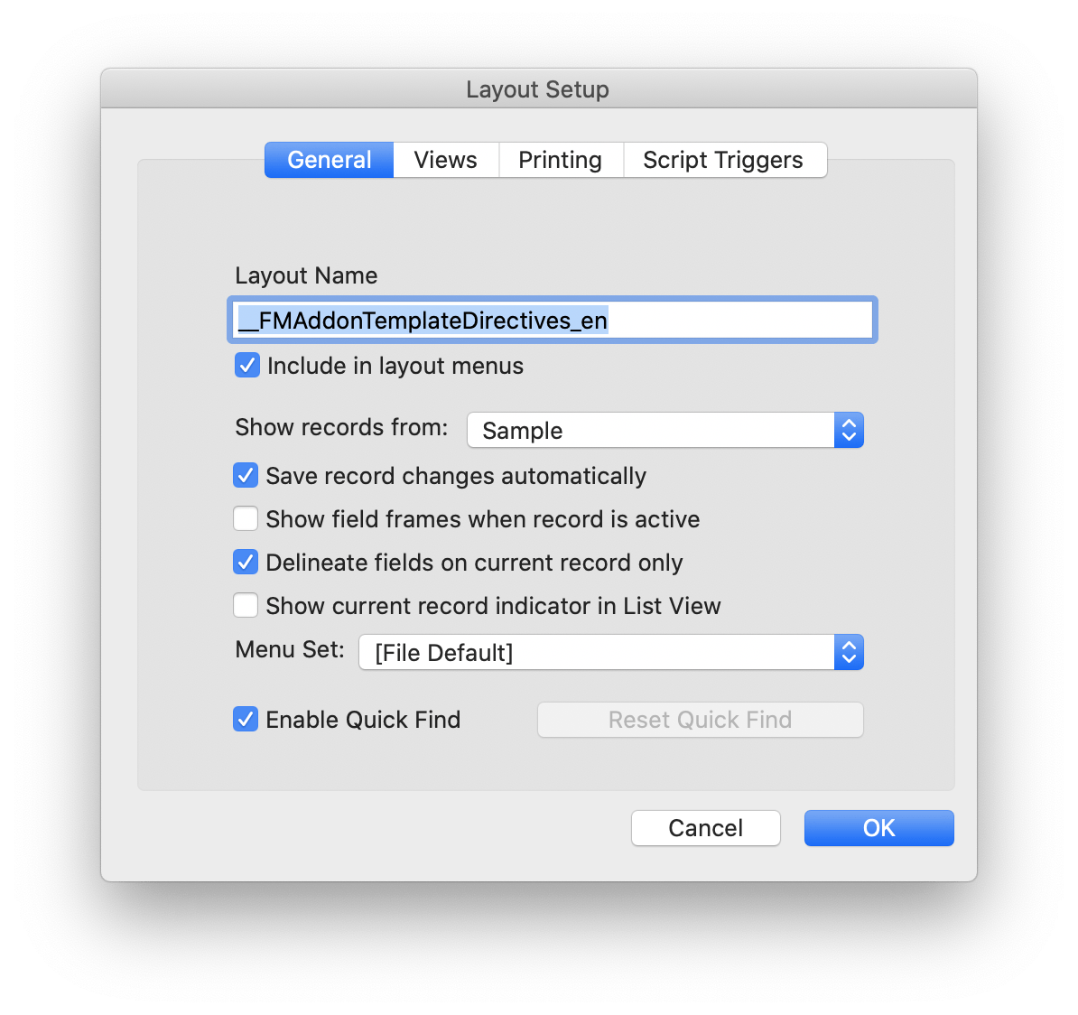 FileMaker Addon Template Directives Layout Setup