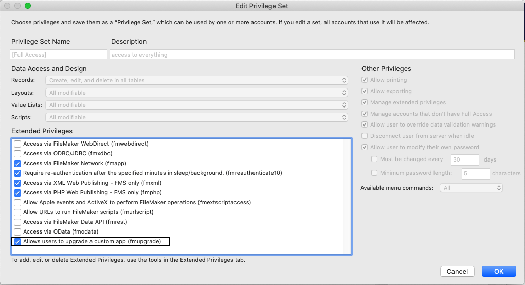 FileMaker Upgrade Extended Privilege