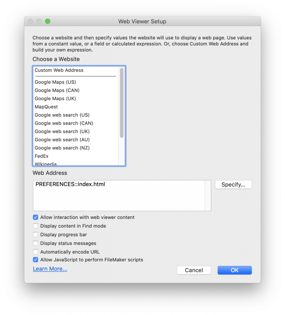 Web Viewer Setup Dialog