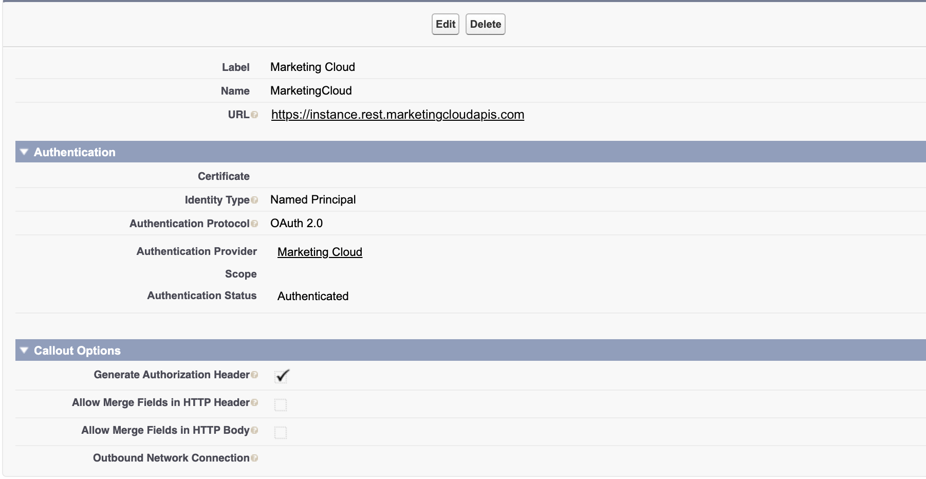 Named credential setup for Marketing Cloud API