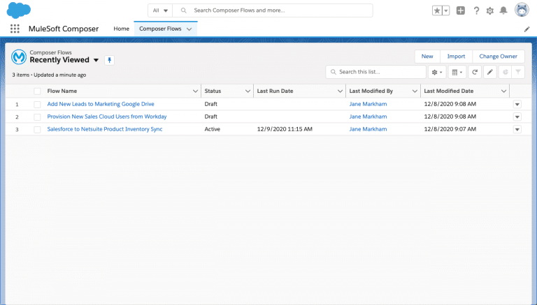 MuleSoft Composer Salesforce- Composer Flows page