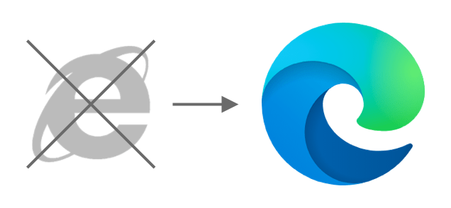 Grayed out and crossed out Internet Explorer icon with and arrow pointing right to a blue and green colored Microsoft Edge icon