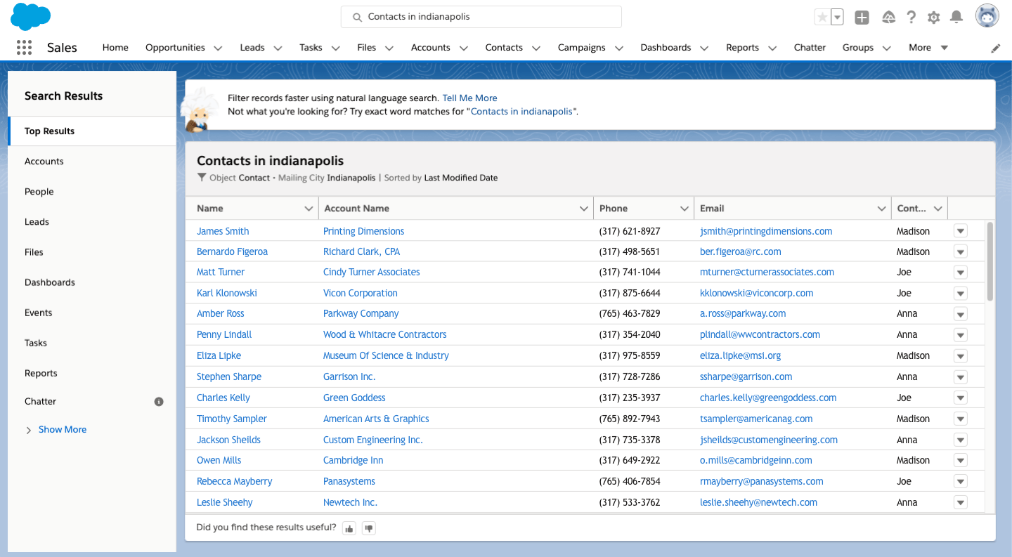 An examples screen of Einstein Search results for contacts in Indianapolis