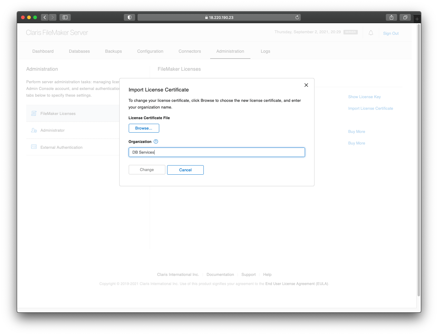 Screen to Import the FileMaker certificate