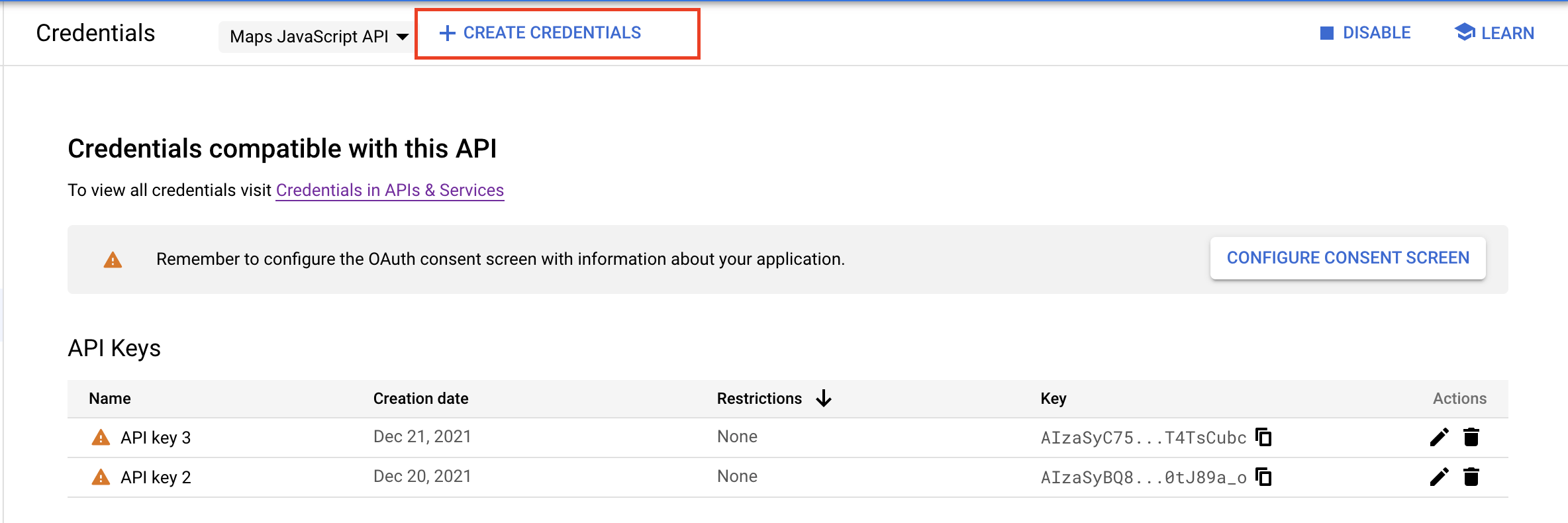 Google Maps Create Credentials