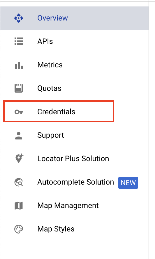 Google Maps Menu Credentials