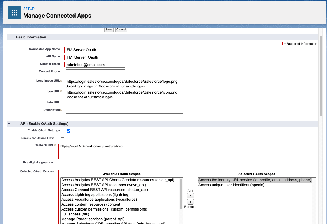 FileMaker OAuth Salesforce Manage Connected Apps