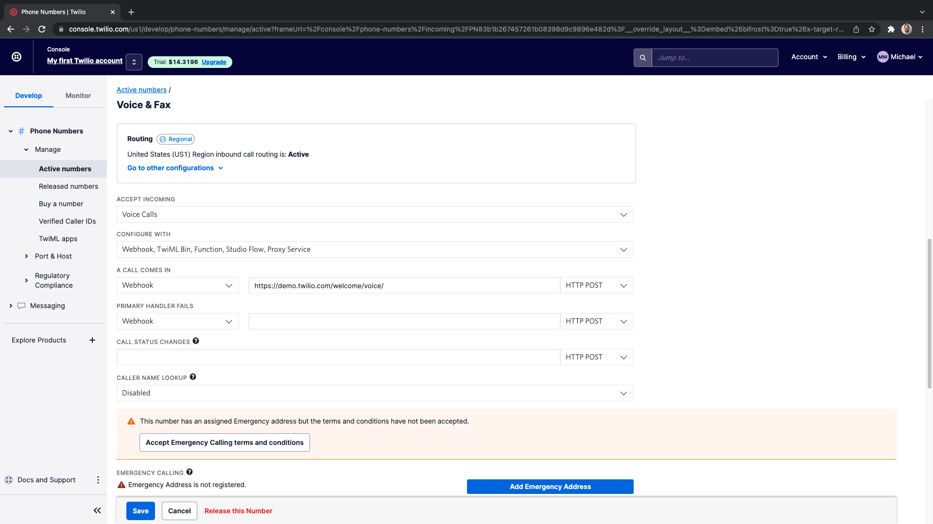 Twilio Active Number Settings