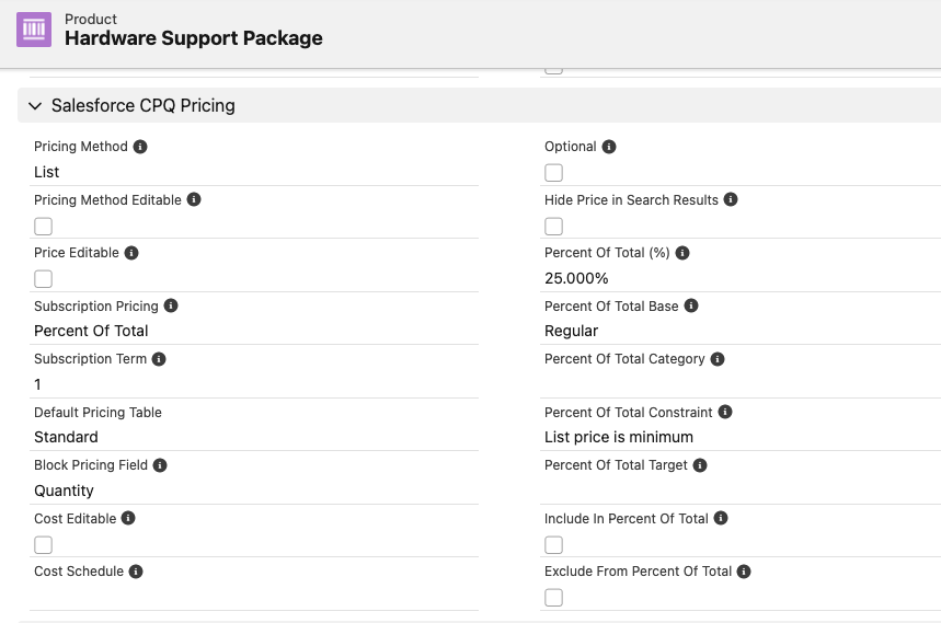 salesforce cpq example pricing package