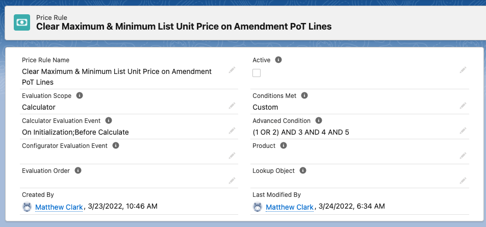 salesforce cpq price action rule