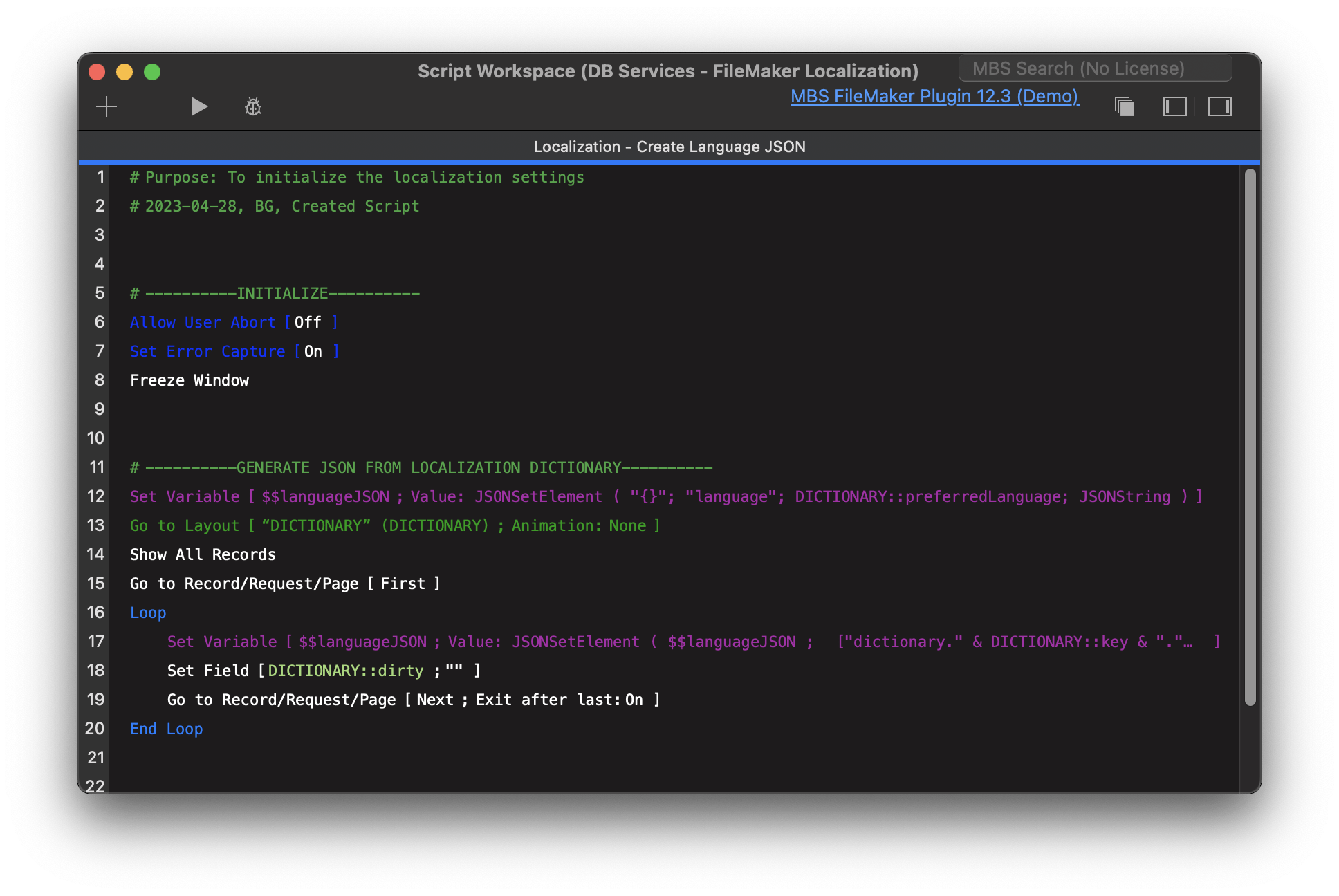 filemaker localization script create language json