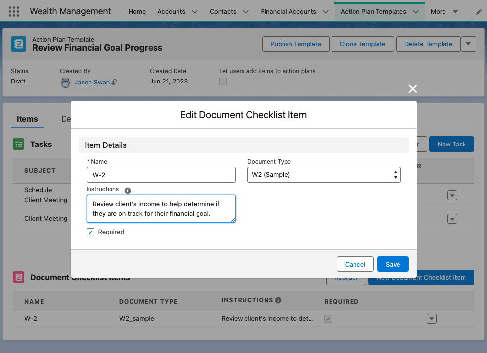 salesforce financial services cloud adding document checklist item