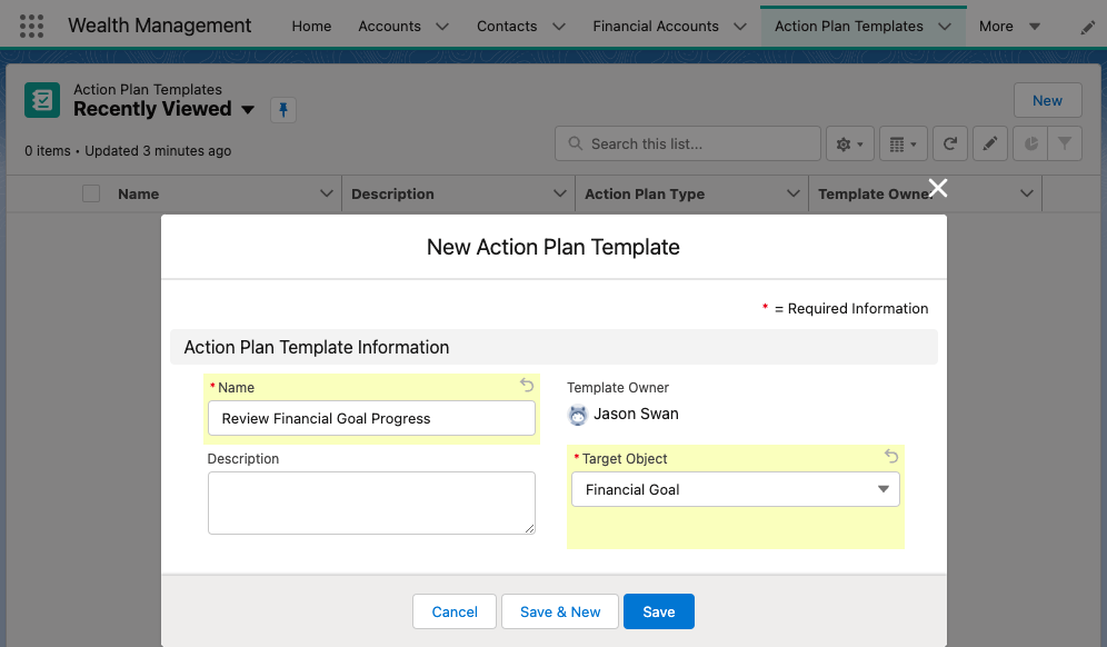 salesforce financial services cloud creating action plan template