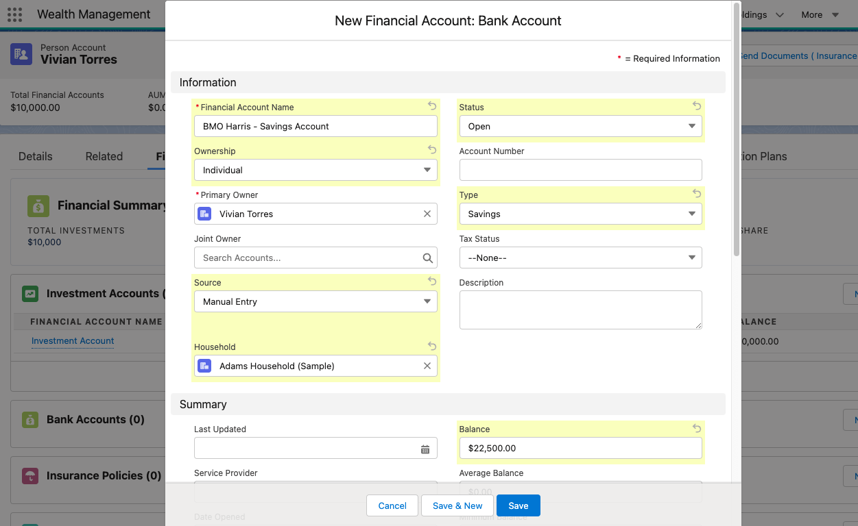 salesforce financial services cloud Creating Financial Account