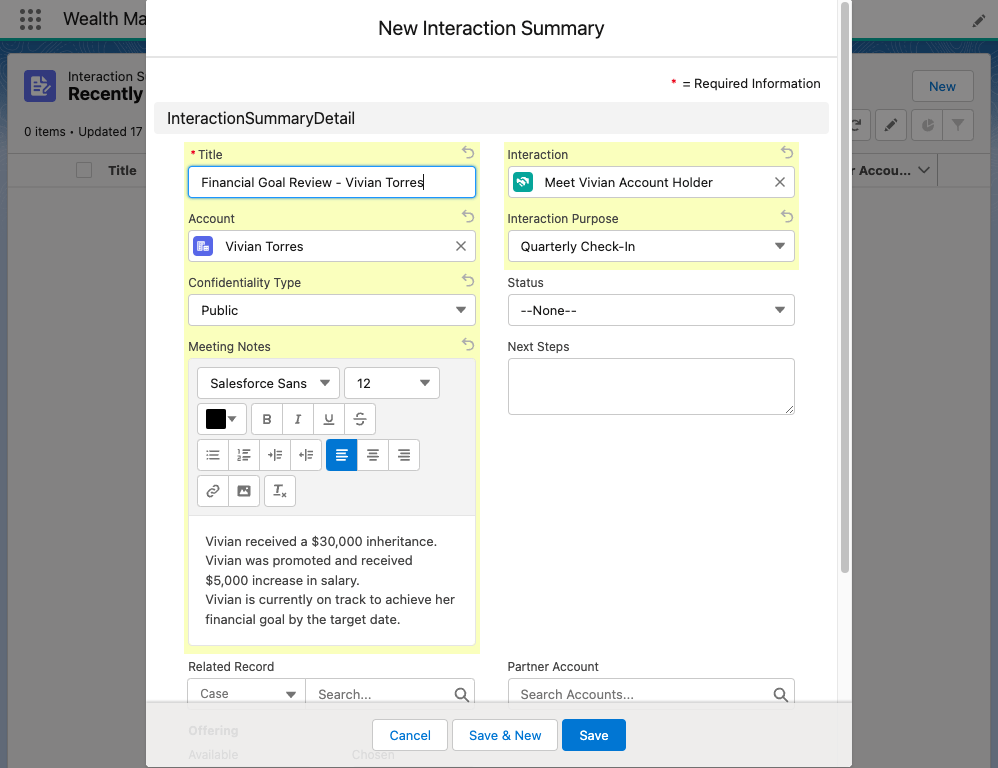 salesforce financial services cloud creating interaction summary