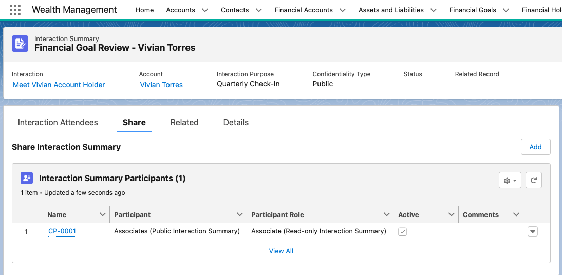 salesforce financial services cloud Sharing Interaction Summaries