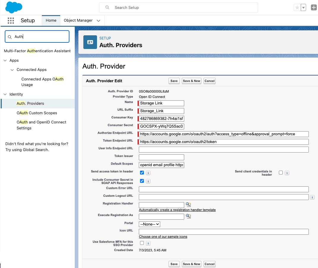 external file storage for salesforce authentication provider