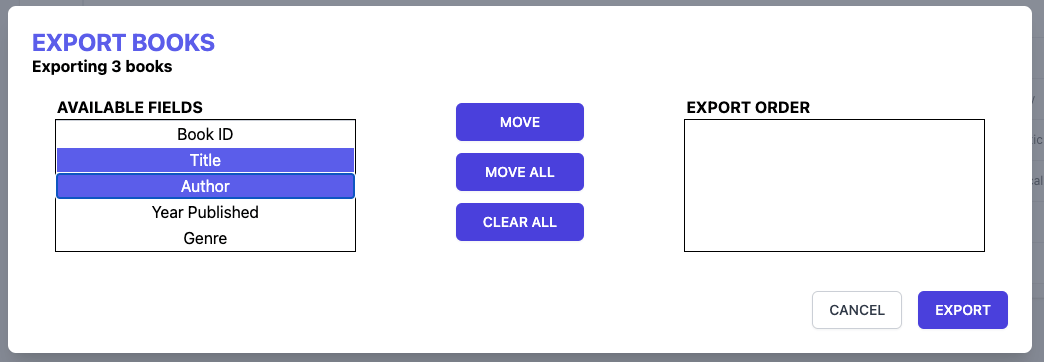 custom export wizard select available fields