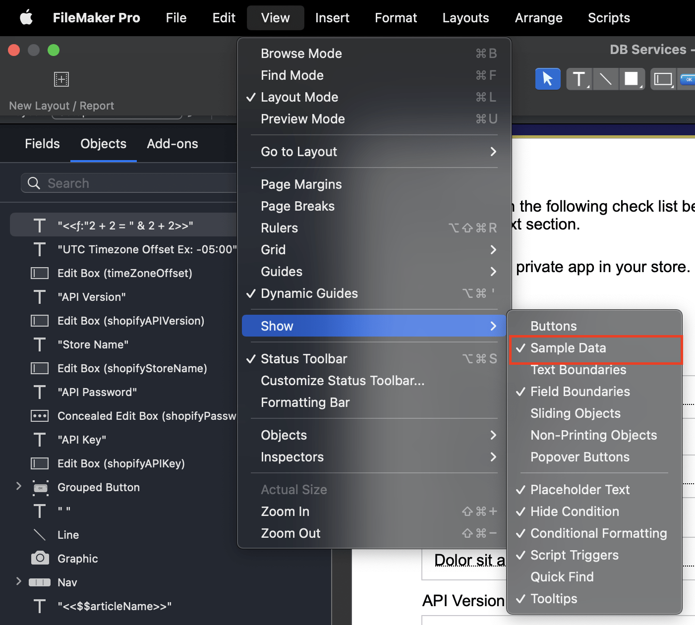 claris filemaker 20.2 layout calculation show sample data