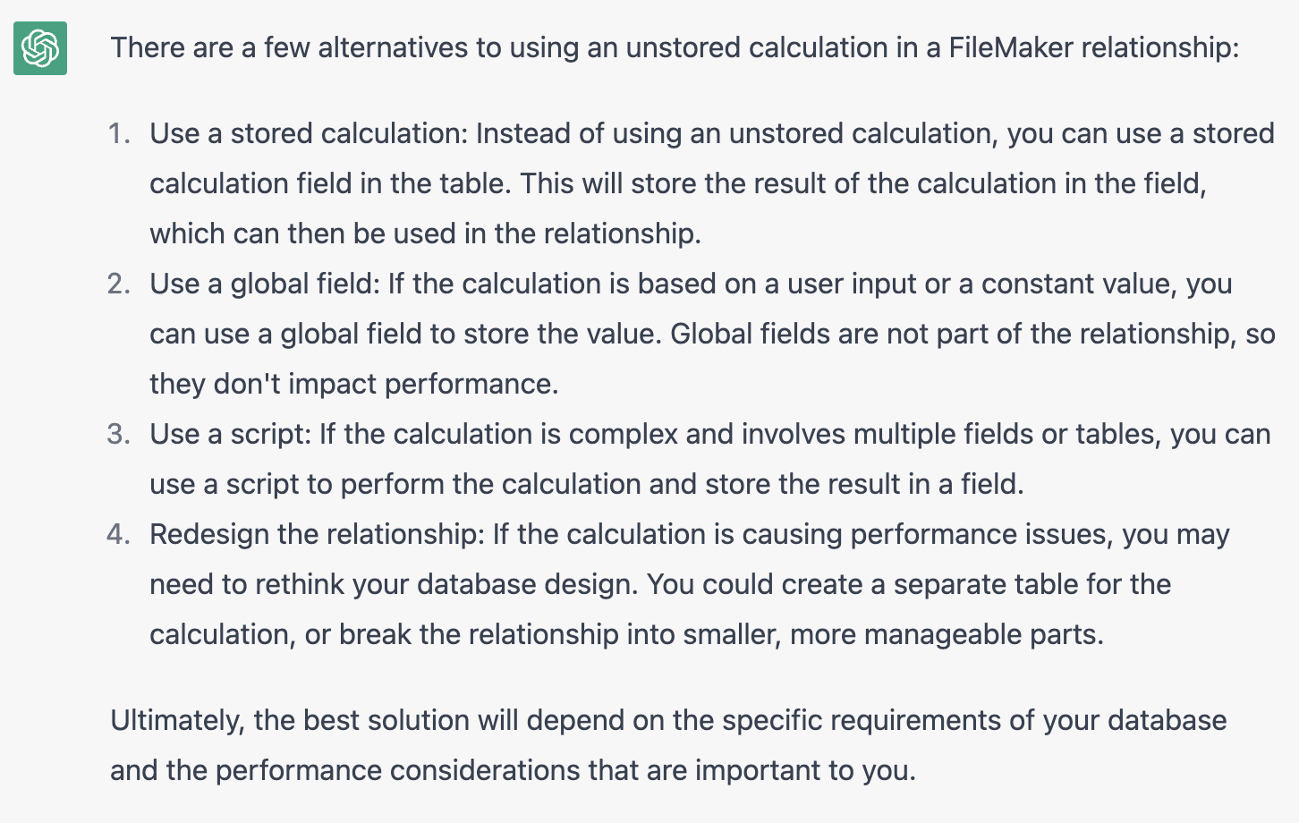 alternatives to unstore calculation filemaker chatgpt