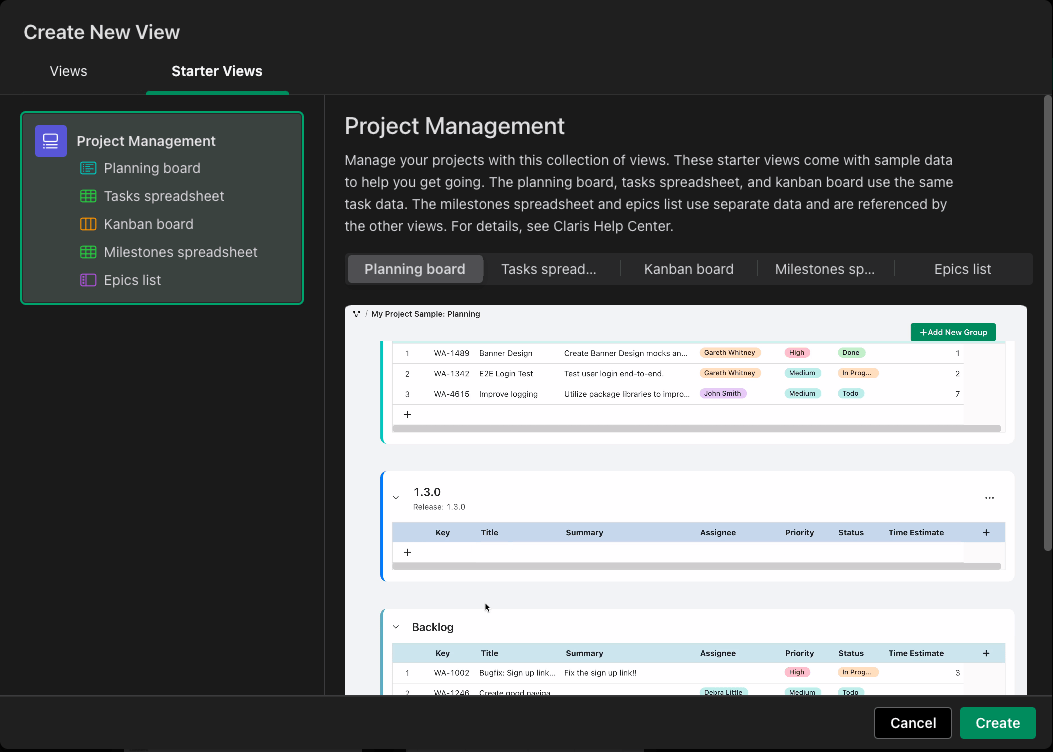 claris studio project management start view