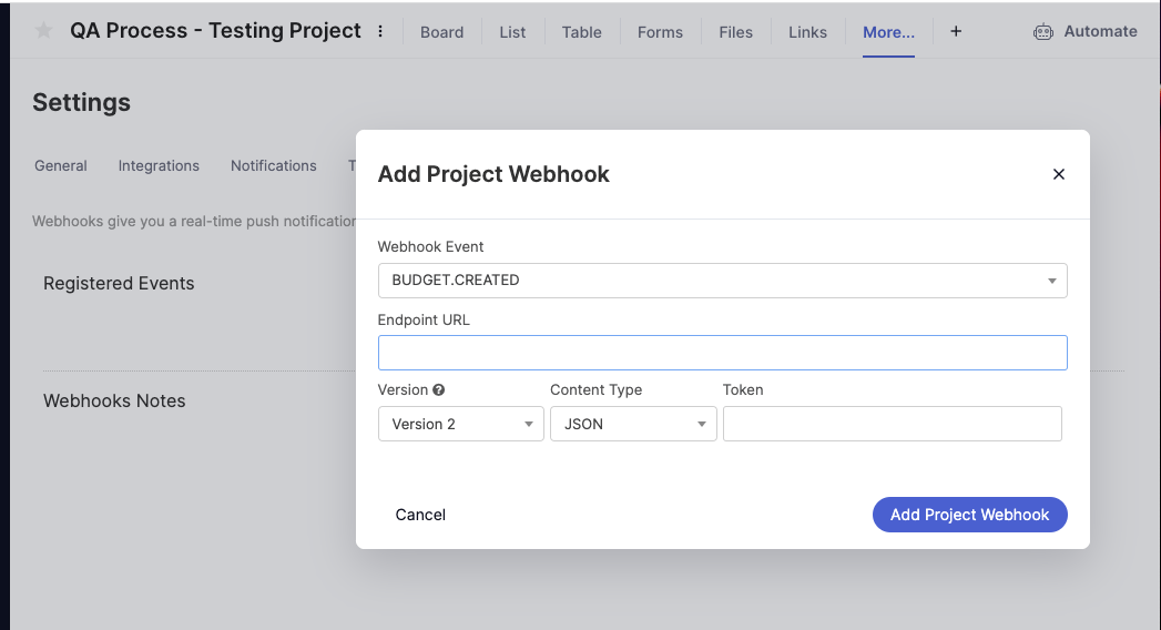 Example of adding a webhook to a project in Teamwork.