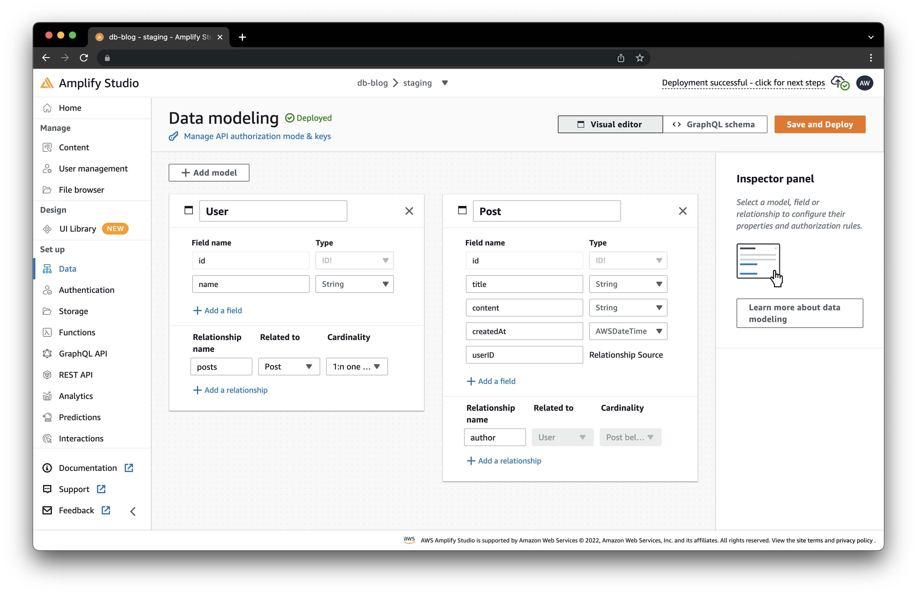 A screenshot of Amplify Studio showing data modeling options.