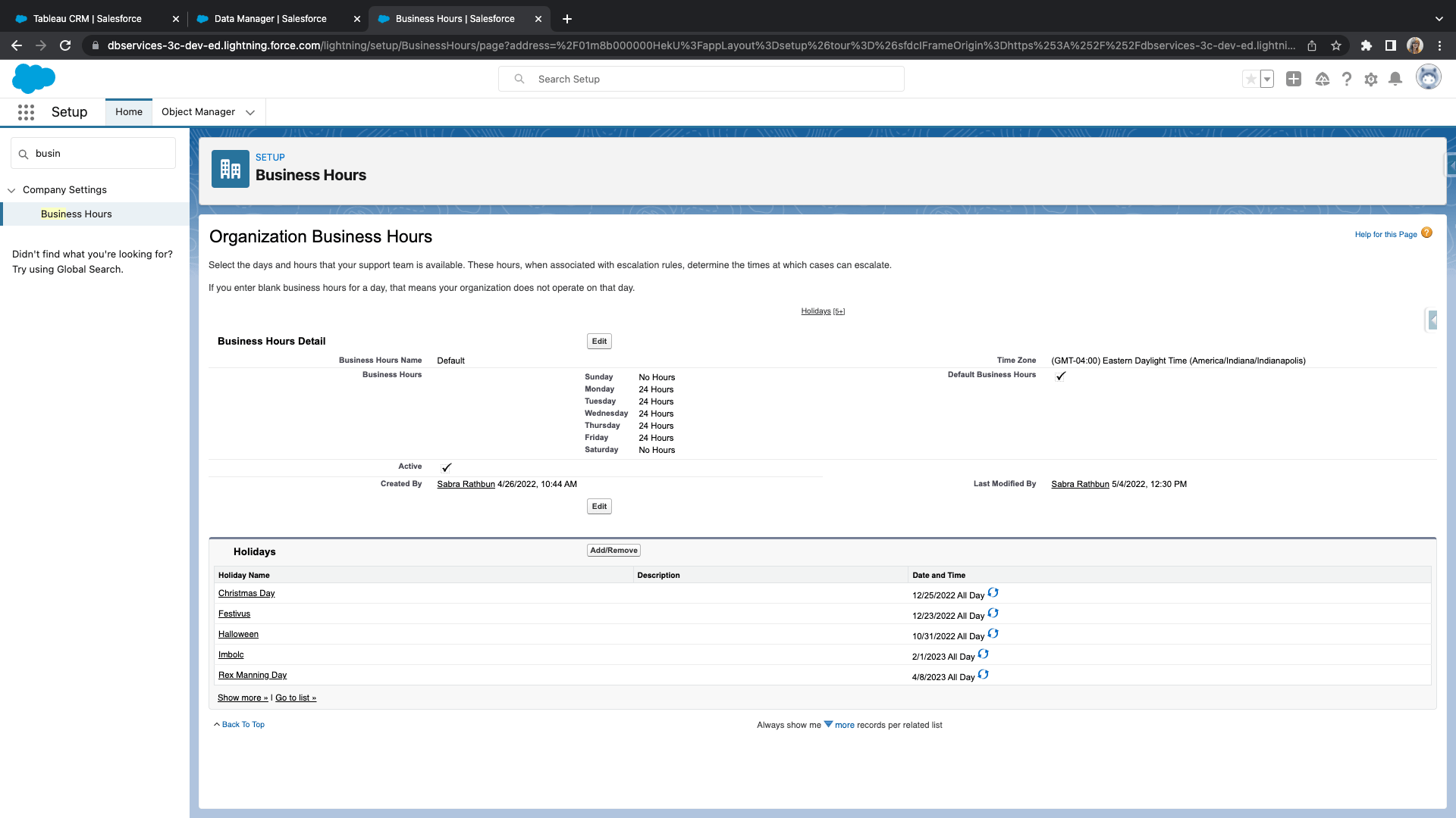 Salesforce Business Hours Object