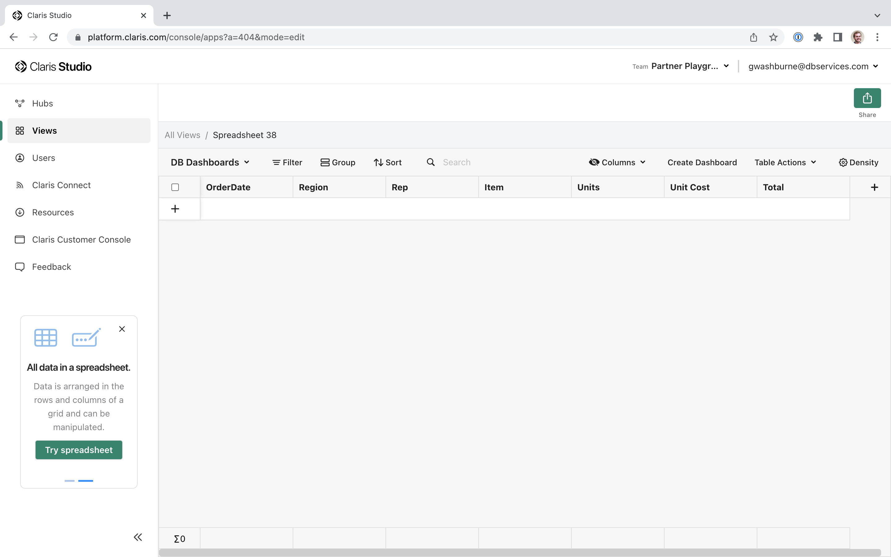 An Empty Claris Studio Spreadsheet with Named Columns