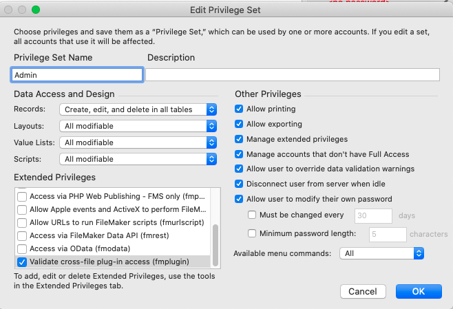 FileMaker Edit Privilege set