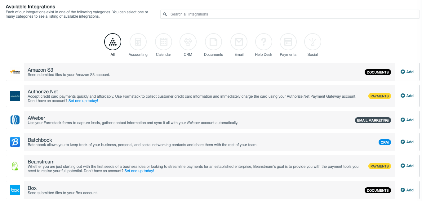 Integrations available from Formstack