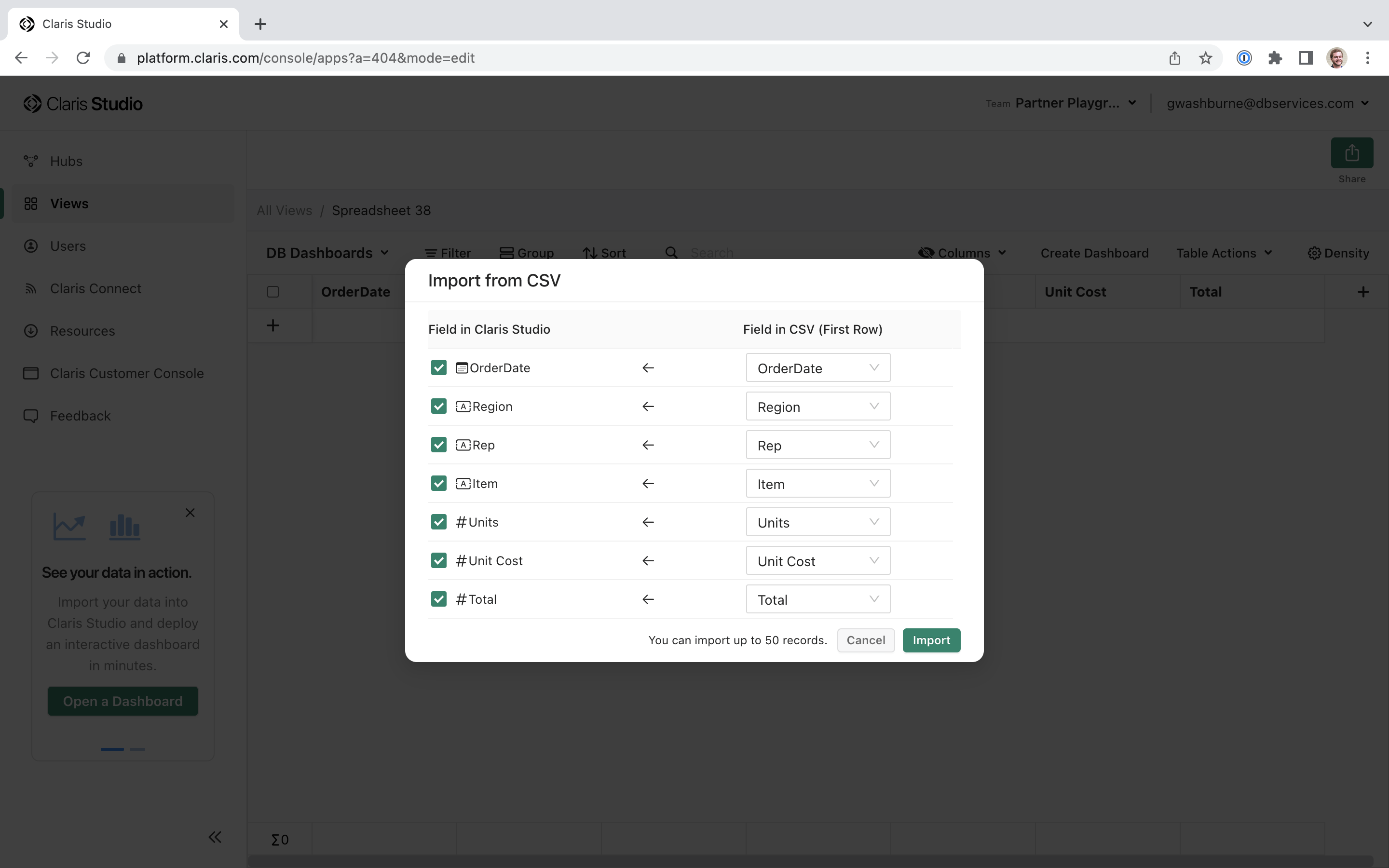 The Field Options for Importing a CSV File into a Claris Studio Spreadsheet