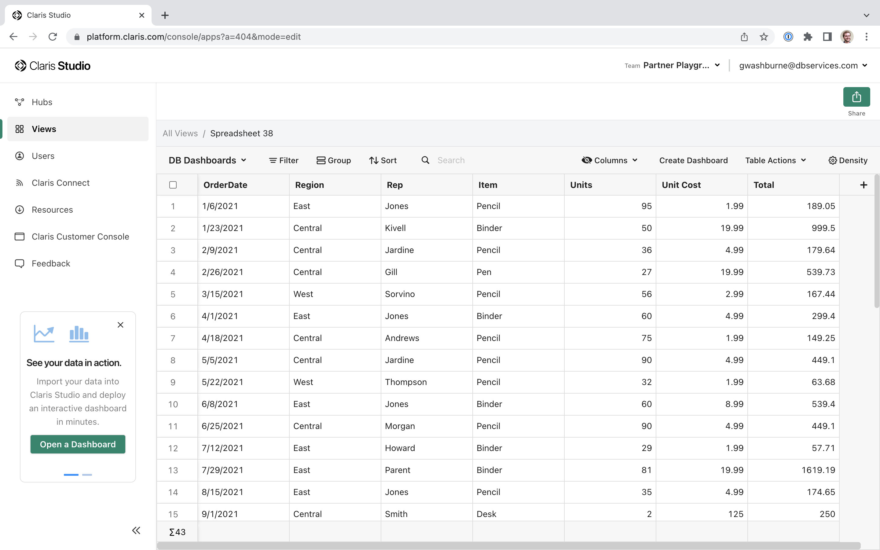 A Populated Claris Studio Spreadsheet