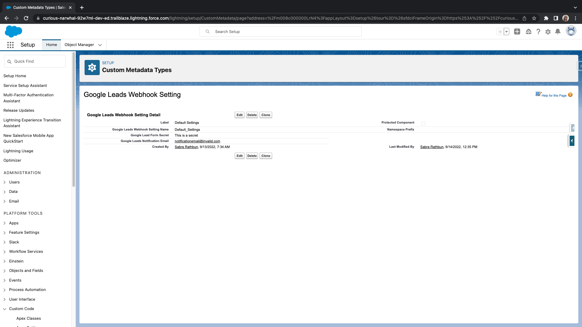 salesforce webhook custom metadata type record