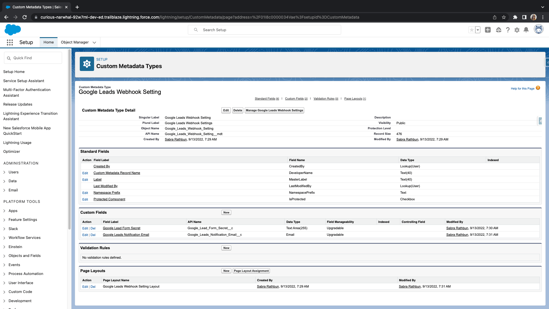 salesforce webhook custom metadata type