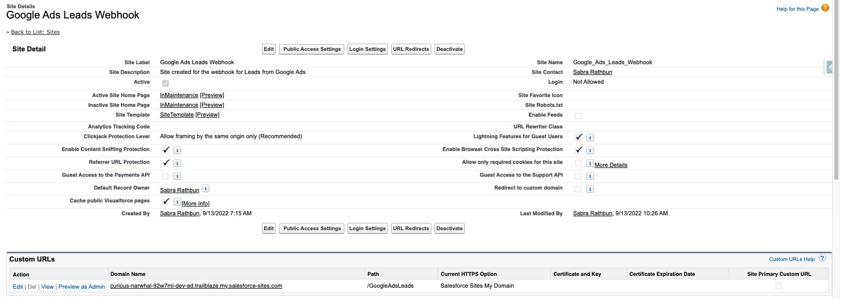 salesforce webhook site details