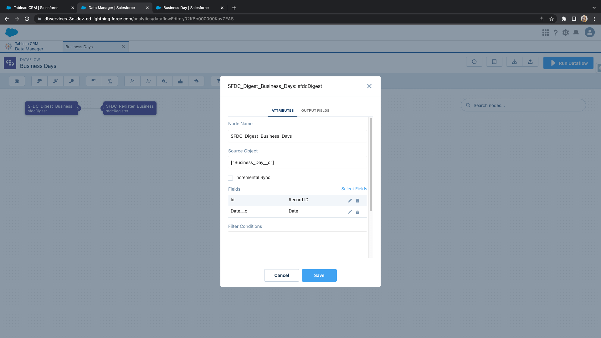 salesforce crm analytics Pull in the Business Days Object