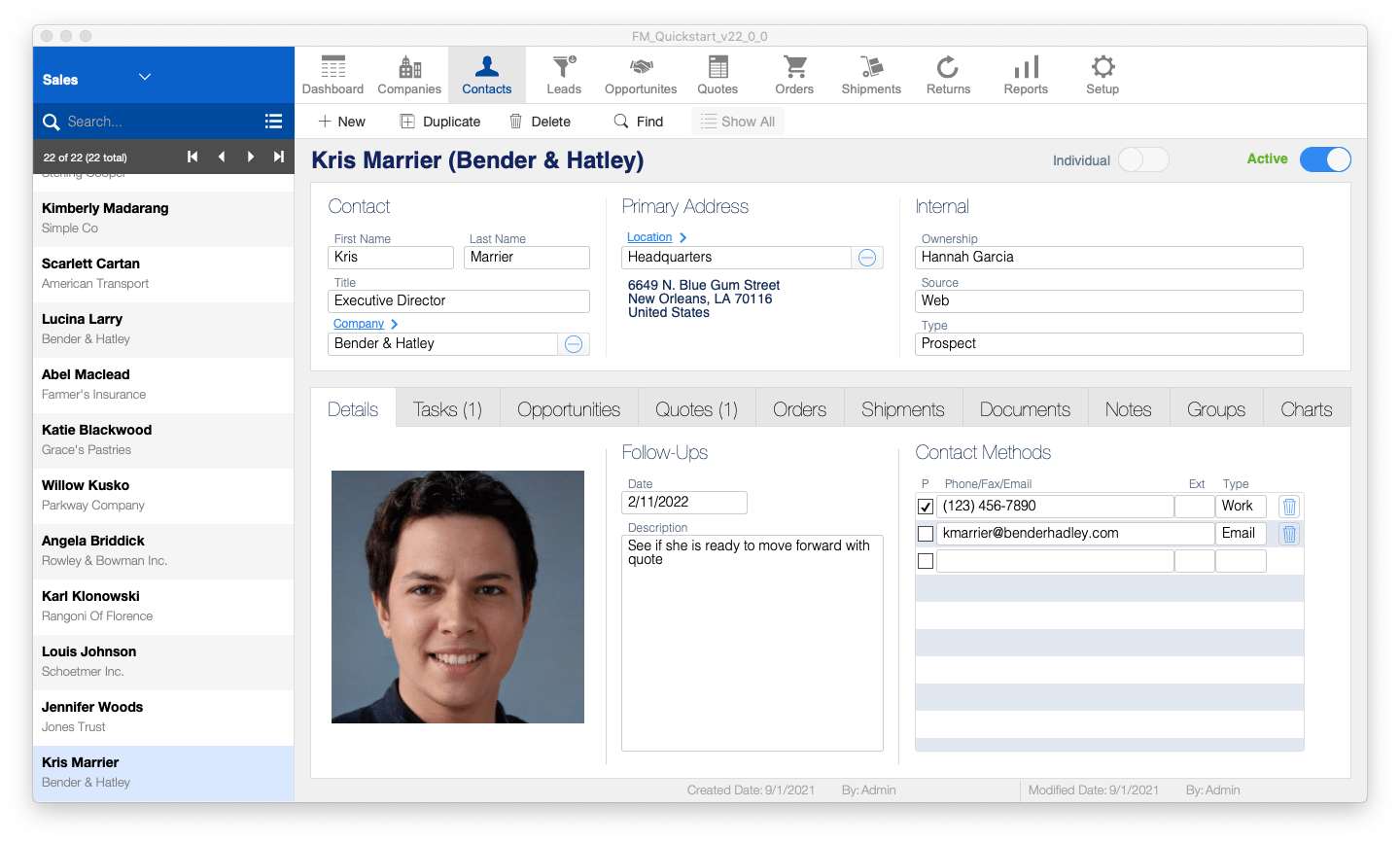 FM Quickstart contacts screenshot