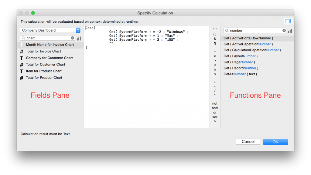 FileMaker Calculation Dialog Panes