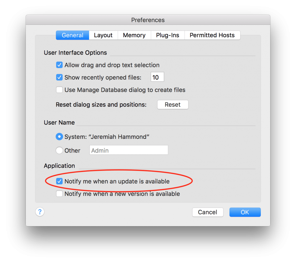 FileMaker New Version Alert Preference