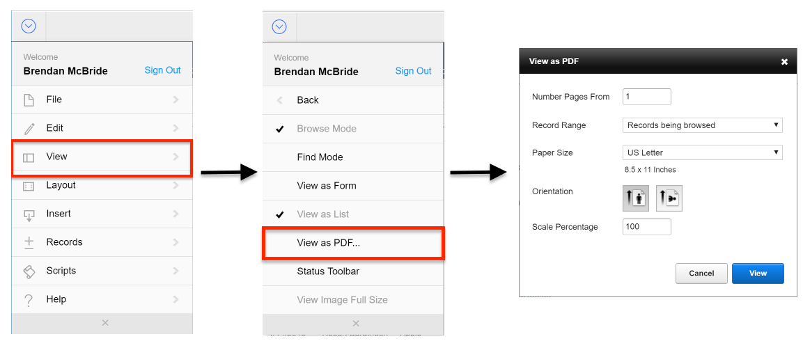 FileMaker WebDirect View as PDF Menu