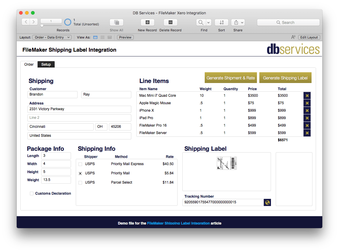 FileMaker Shippo Order Screen