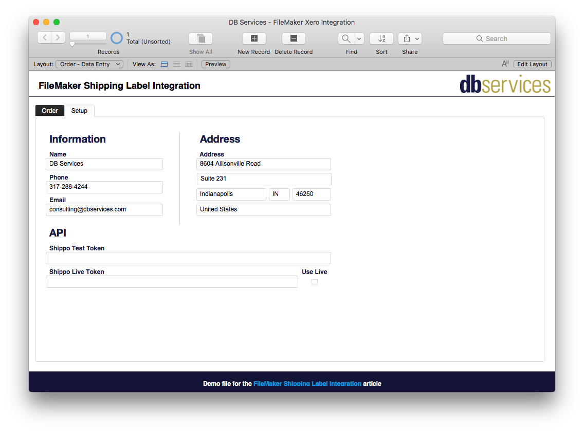 FileMaker Shippo Setup Screen