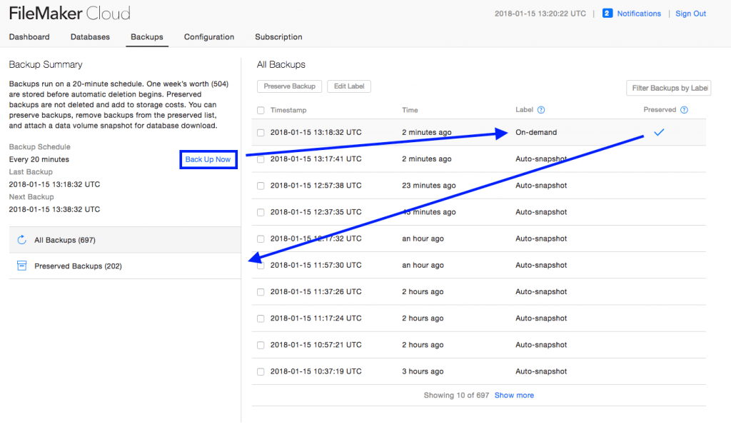 FileMaker Cloud Backup Settings