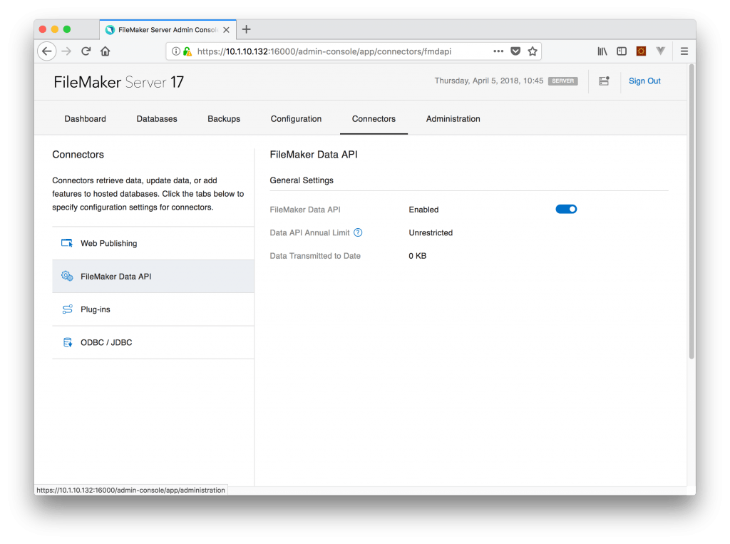 FileMaker Data API Admin Console Setting