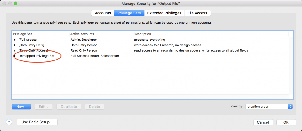 FileMaker Unmapped Privilege Set