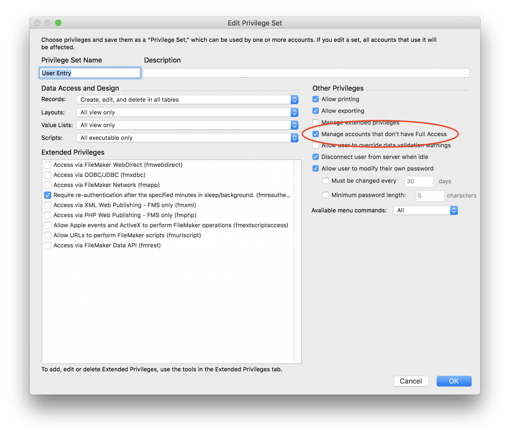 FileMaker Manage User Privilege