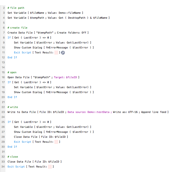 FileMaker Create Open Write File Script Steps