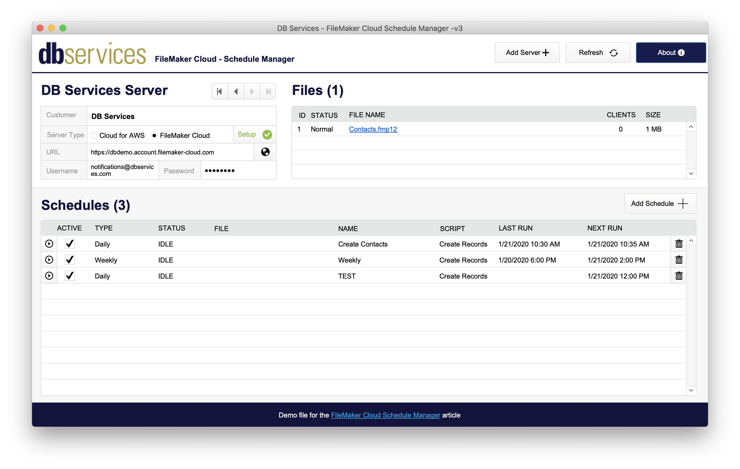 the dashboard of the schedule manager displaying a list of all files and schedules